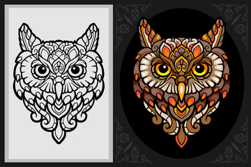 Colorful owl bird zentangle art with black line sketch isolated on black and white background