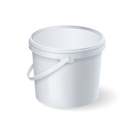 Realistic white bucket with plastic cap and handle mockup. Blank food product container template