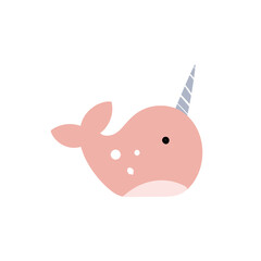 Cute vector illustration magic pink narwhal, unicorn whale in cartoon style