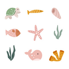 Collection of marine inhabitants and plants for cute stickers, vector illustration whale, fish, turtle, shell, algae, coral