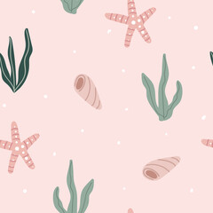 Marine seamless pattern with shell, algae, starfish in cartoon style on pink background