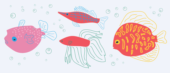 A set of red fish. Marine flora and fauna. Flat vector style.
