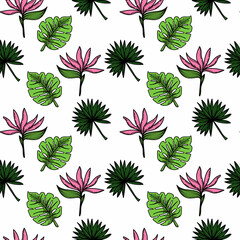 Een naadloos patroon van een tropische strelitzia-bloem, palmbomen en bladeren. Handgetekende doodle-stijlelementen, heldere bloem en groen. Tropen. Strelitzia. Geïsoleerde vectorillustratie.