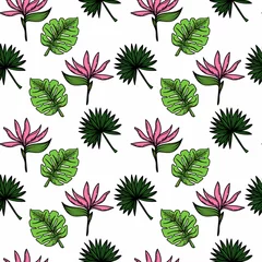 Stof per meter Tropische planten Een naadloos patroon van een tropische strelitzia-bloem, palmbomen en bladeren. Handgetekende doodle-stijlelementen, heldere bloem en groen. Tropen. Strelitzia. Geïsoleerde vectorillustratie.