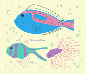 A set of blue  fish. Marine flora and fauna. Flat vector style.
