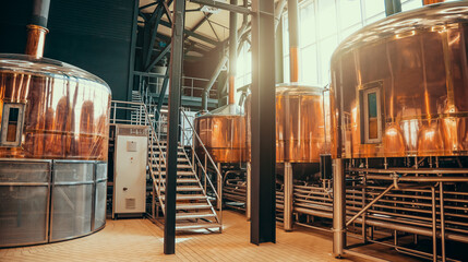 Brewery equipment. Brew manufacturing. Round cooper storage tanks for beer fermentation and...
