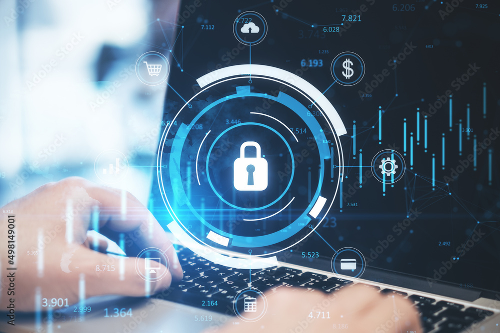 Poster close up of businessman hand using laptop keyboard with glowing blue padlock hologram with forex cha