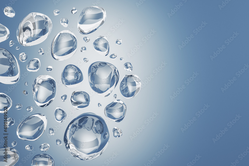 Poster abstract blue light water drops background with mock up place. advertisement and aqua concept. 3d re