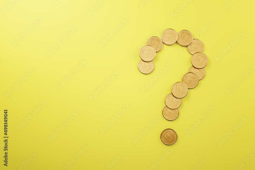 Poster Abstract creative golden coin question mark on yellow backdrop with mock up place. Money, uncertainty and crisis concept. 3D Rendering.