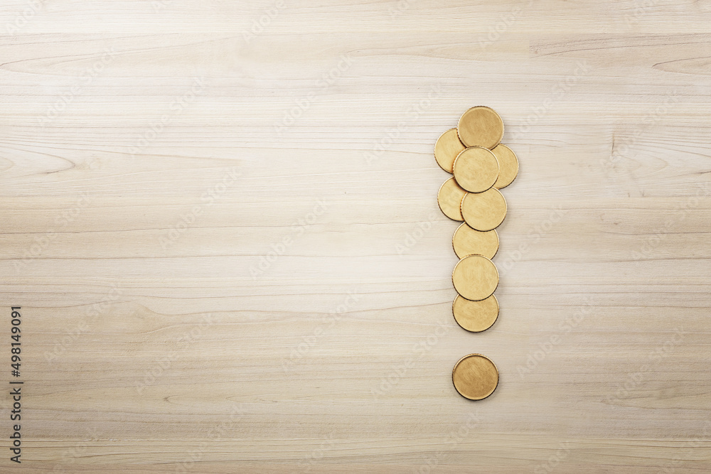 Poster abstract creative golden coin exclamation mark on wooden surface backdrop with mock up place. money,