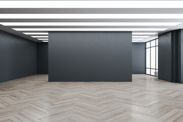 Contemporary gallery interior with wooden flooring, mock up place, window and panoramic city view. 3D Rendering.