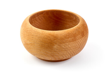 Rustic wooden bowl, isolated on white background.