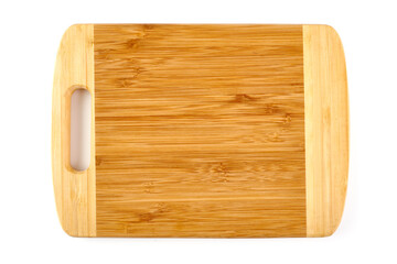 New rectangular wooden cutting board, top view, isolated on white background.