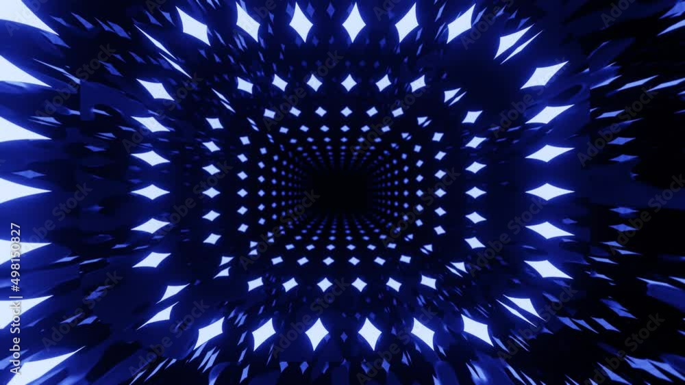 Poster 4k seamless looped animation. fly through mirror tunnel with neon pattern, glow lines form sci fi pa