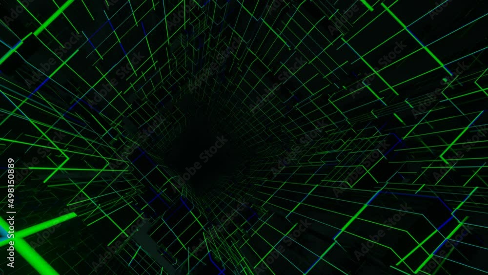 Poster 4k seamless looped animation. fly through mirror tunnel with neon pattern, glow lines form sci fi pa