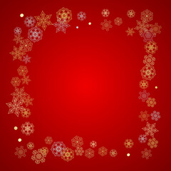 Christmas snow on red background. Glitter frame for seasonal winter banners, gift coupon, voucher, ads, party event. Santa Claus colors with golden Christmas snow. Falling snowflakes for holiday