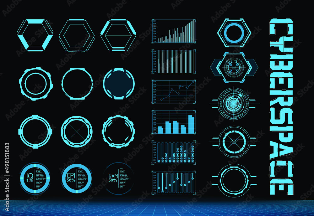 Poster Futuristic Vector HUD Interface Screen Design. Digital callouts titles. HUD UI GUI futuristic user interface screen elements set. High tech screen for video game. Sci-fi concept design.