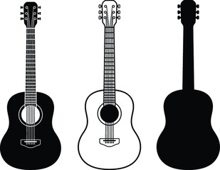 Acoustic Guitar Clipart Set - Outline, Stamp and Silhouette