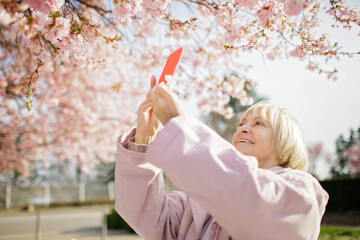 A senior woman in pink coat make a picture of blooming branch of sakura with smartphone while...
