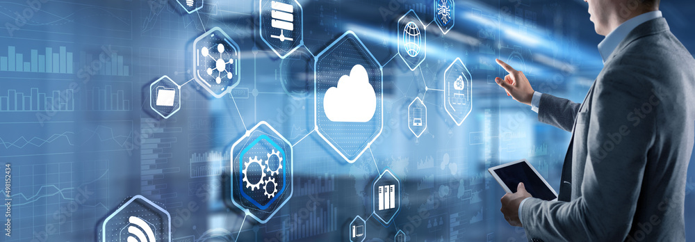 Poster futuristic display. cloud computing touchscreen interface business man finger touch cloud