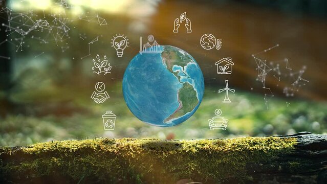 Ecological Green Energy Icons On Moss BG Concept Photo Realistic Earth Design Motion Graphics 3D Render
