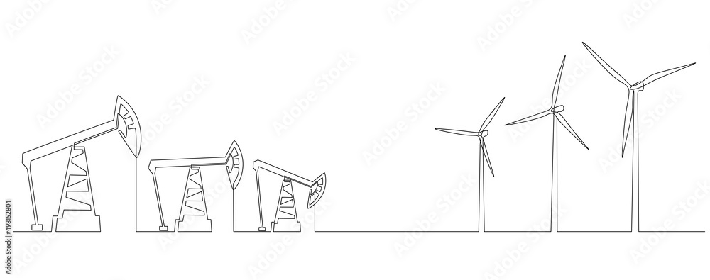 Leinwandbilder one continuous line drawing of oil pumps jacks and wind turbines. concept of energy crisis and renew