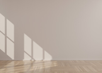 Empty room, cream wall and parquet floor. Only wall and floor. Mock up interior. Free, copy space for your furniture, picture and other objects. 3D rendering.