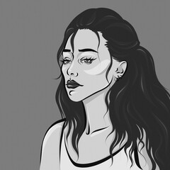 Black and white portrait of a young woman looking away. Cute girl with long hair with bright makeup.