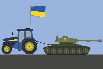 Ukrainian tractor tows away a tank with a Z symbol vector illustration