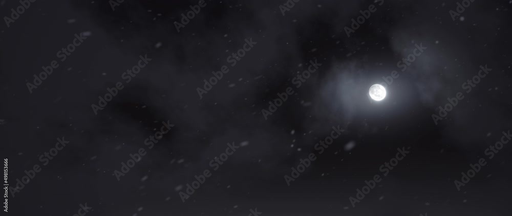 Poster 3d scene rendering visual effect scene snow falling in night sky full moon day.