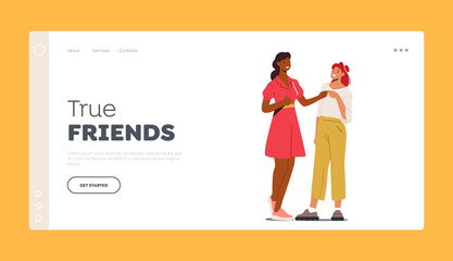 True Friends Landing Page Template. Couple of Female Characters Beating Fists, Friendship, Support, Human Greetings