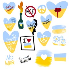Set stickers support Ukraine flag and pray for Ukraine