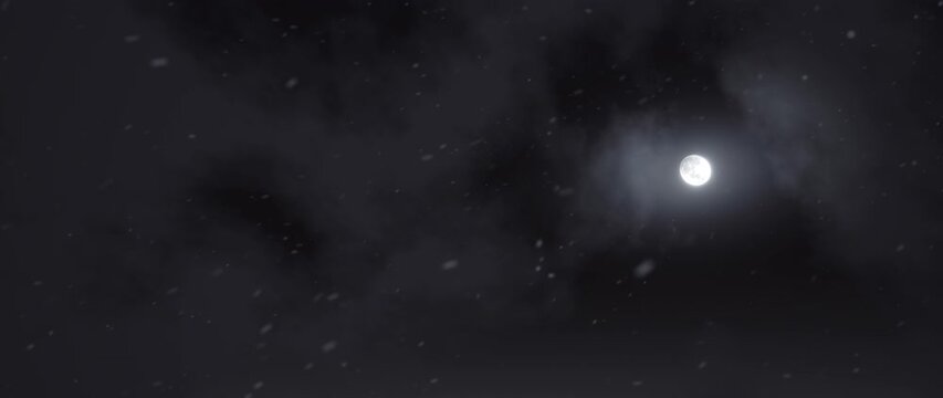 3D scene rendering visual effect scene snow falling in night sky full moon day.