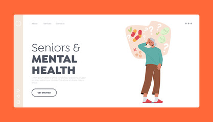 Seniors Mental Health Landing Page Template. Old Woman Suffer of Alzheimer Disease, Forgetful Grandmother Character