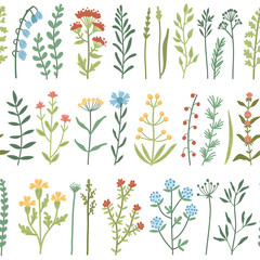 Fototapeta na wymiar Vector seamless pattern with watercolor wild flowers and grass, hand drawn floral herbal background. Colorful botanical illustration, floral elements, hand drawn repeating background