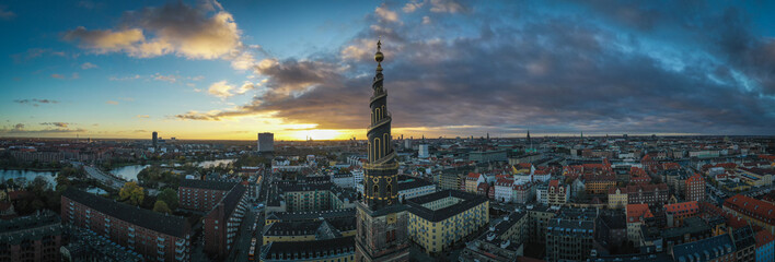 Large panorama sunset view of Copenhagen in Denmark. Freisers kirke in front. November 2021