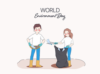 Volunteers keeping Waste animation. save world save environment background. Doodle cartoon hand drawn character.