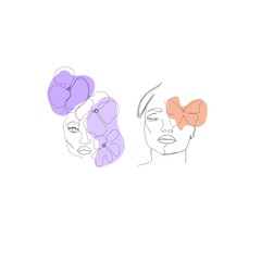 Abstract poster with minimal female face with flowers and a butterfly. One line drawing style