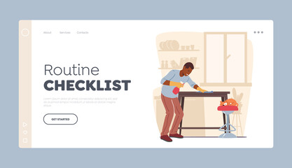 Routine Checklist Landing Page Template. Man Cleaning Furniture with Duster and Water Sprayer, Wiping Table at Home