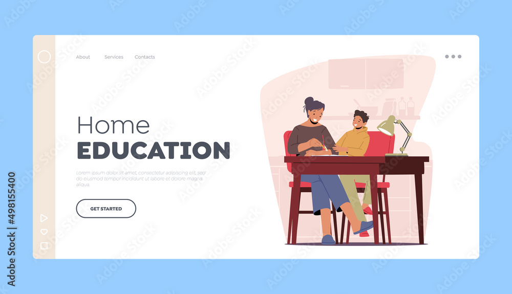 Poster home education landing page template. mother and little kid learn homework together. parent and chil