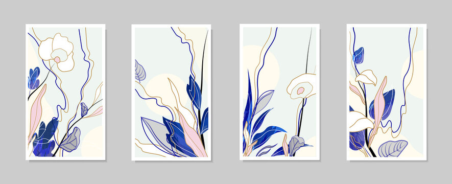 Abstract plant paintings for interior wall design. A set of botanical leaf and flower patterns in blue and pink tone in frames for prints, wallpapers, wall drawings, covers and more.