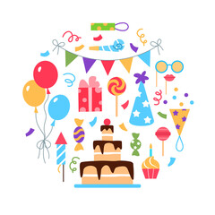 Event service or birthday party circle concept on white background. Flat holiday management design. Dinner marriage wedding celebration arrangement business. Beautiful cake balloon vector illustration