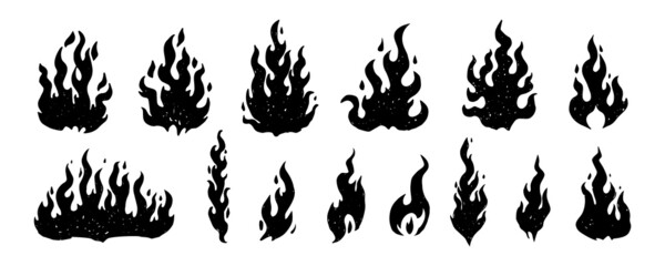 Naklejka na ściany i meble Set of hand drawn fire flames, isolated on white background. Vector illustration.