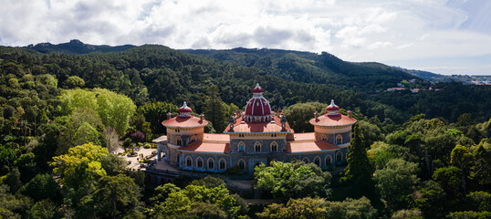 The Monserrate Palace in Sintra. Aerial drone panorama of Famous place in Portugal