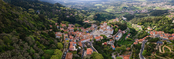 Aerial drone view of Sintra, Portugal old city at Sintra National Palace. Famous tourism destination. - obrazy, fototapety, plakaty