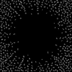 Falling numbers, big data concept. Binary white random flying digits. Authentic futuristic banner on black background. Digital vector illustration with falling numbers.