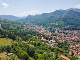 Fototapeta premium Aerial view of town of Teteven at Balkan Mountains, Bulgaria