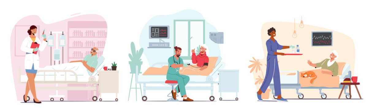 Set of Elderly People Hospitalization Medical Concept. Senior Diseased Male and Female Characters Lying in Bed at Clinic
