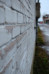 white wall, bricks painted white with paint peeling off, rainy day