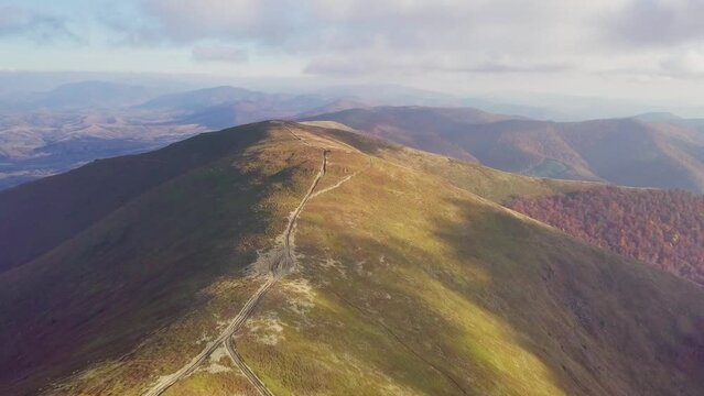 Wonderful landscape from a bird's eye view. Aerial photography of the Magura-Jide mountain range in the Carpathians from the air. Mount Gemba. National Park Shipit Karpat. Pylypets, Ukraine.